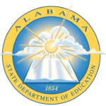 Alabama State Department of Education Logo. There is a blue circle with a yellow bordering circle. An image of an open book with a cloud and sun are in the center of the blue circle